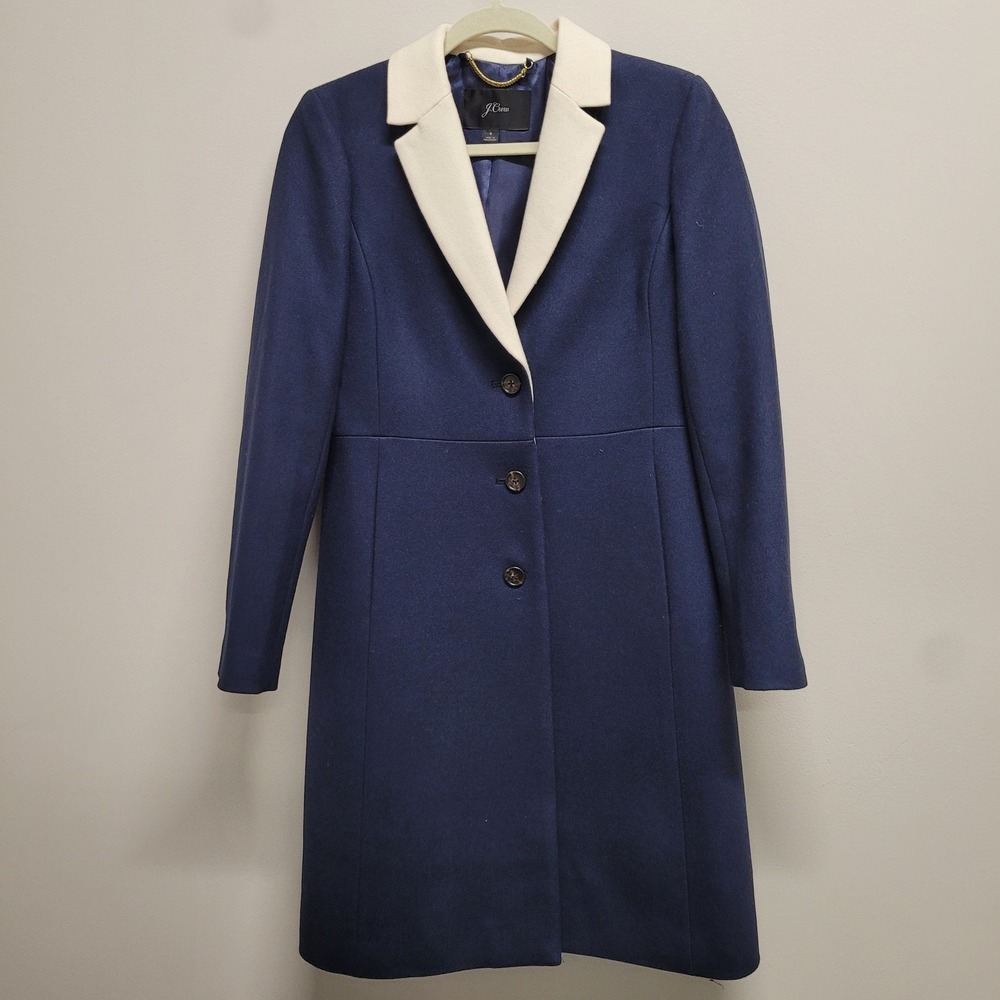 J.Crew Womens Navy Blue 100% Wool Contrast Lapel Topcoat Jacket Size 4
